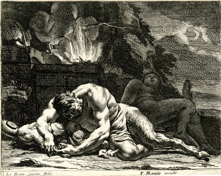 Le-Brun-Charles-Hours-of-the-Day-Nox-Night-Satyr-Bacchante-Child-sleeping-1640-etching-British-Museum